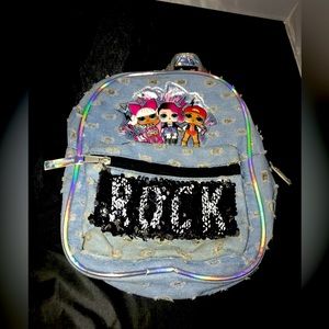 LOL Surprise Girls Flip Sequins Distressed Denim Backpack Blue Jeans Black
